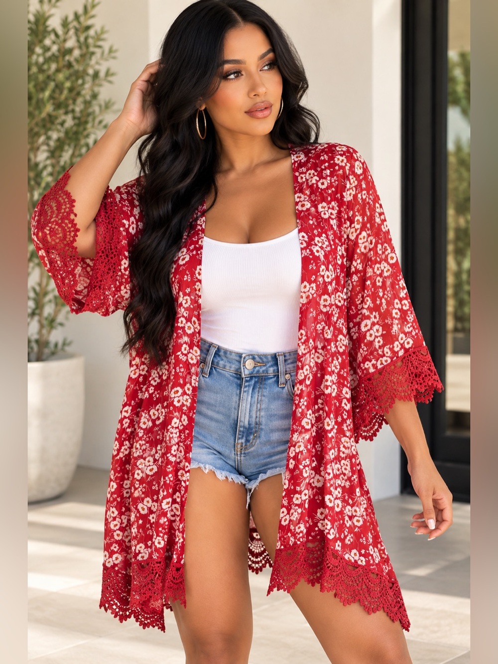 Maurices Red White Floral Kimono Cardigan Lace Trim Open Front Boho